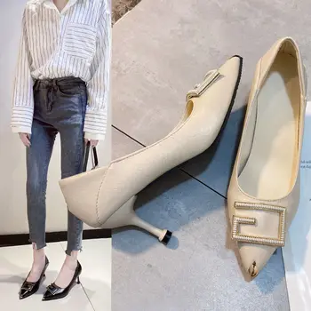 5cm moda cataramă de metal a subliniat toe mid-toc mic, pantofi cu toc pentru femei