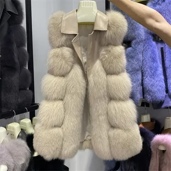 2020 iarna nou plin pelt real blană de vulpe împletit oi vestă de piele pentru femei rever mid-lungime rochie fără mâneci haină de blană