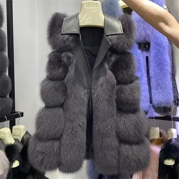 2020 iarna nou plin pelt real blană de vulpe împletit oi vestă de piele pentru femei rever mid-lungime rochie fără mâneci haină de blană