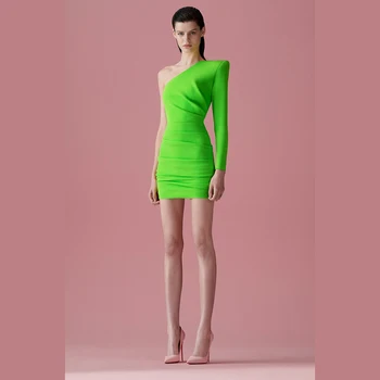 De înaltă calitate, verde fluorescent sexy strâns unul-umăr maneca lunga moda bandaj rochie de seara
