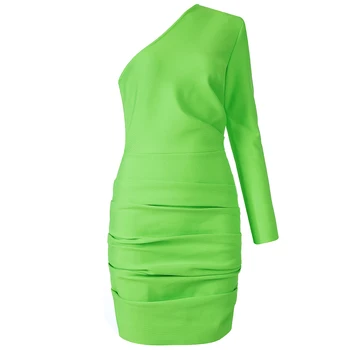 De înaltă calitate, verde fluorescent sexy strâns unul-umăr maneca lunga moda bandaj rochie de seara