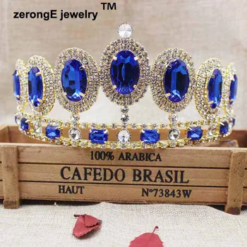ZerongE bijuterii 3.4 inch genial albastru regal piatra de culoare păun tiara de aur concurs coroana de păr diadema pentru femei eveniment decor