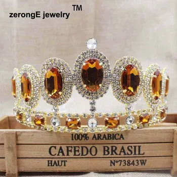 ZerongE bijuterii 3.4 inch genial albastru regal piatra de culoare păun tiara de aur concurs coroana de păr diadema pentru femei eveniment decor