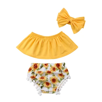 Noua Moda 3Pcs Nou-născut Fetița Costume de Haine de Pe Umăr Print Floral Topuri pantaloni Scurți Bentita