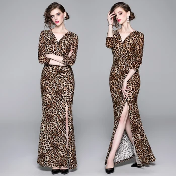 2019 elegant pista de toamnă petrecere rochii maxi pentru femei vintage leopard print split v-neck maneca lunga rochie Lunga vestidos