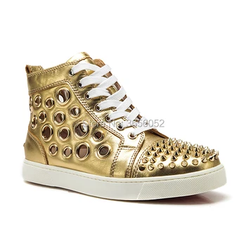 Qianruiti Zapatos Hombre Casual Apartamente De Aur De Argint Ton De Metal Ochiuri Respirabil Pantofi Din Piele Dantela Sus Spike Adidași Bărbați De Mari Dimensiuni