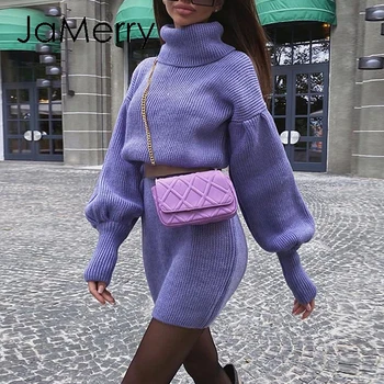 JaMerry Elegant de înaltă gât tricotate rochie Vrac Lantern Maneca tub drept Rochie de 8 culoare sexy rochie office de Toamna iarna 2020