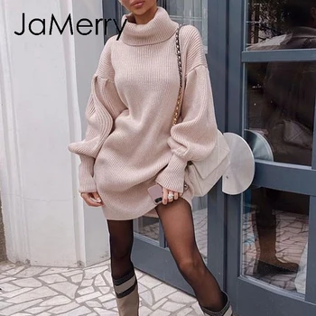 JaMerry Elegant de înaltă gât tricotate rochie Vrac Lantern Maneca tub drept Rochie de 8 culoare sexy rochie office de Toamna iarna 2020