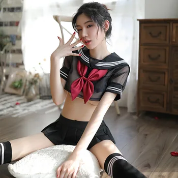 Anime, Fete de Școală Cosplay Vedea prin Costum Drăguț Sexy Marinar Uniformă de Școală Rochie Fusta Mini Plasă de Perspectivă Set de Lenjerie