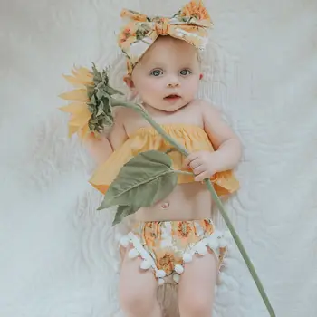 3Pcs Nou-născut Copilul haine de Fata a pornit de Umăr Topuri +floarea-soarelui ciucure pantaloni Scurți+ Bentita costum de haine set