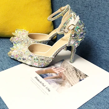 BaoYaFang 2019 NOU SOSIȚI de Argint Nunta de Cristal pantofi Femei cu toc Subtire subliniat toe de Mireasa rochie de Petrecere pantofi marime mare
