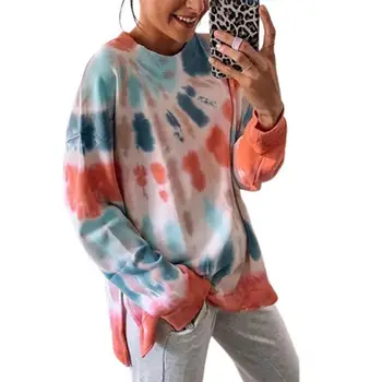 Plus Dimensiune Moda Pentru Femei Cu Maneca Lunga Tiv Fantă Tie Dye Pulover Vrac Tricou Bluza Fierbinte De Vânzare