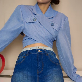 TWOTWINSTYLE Asimetric Slim pentru Femei Bluze Guler Rever Maneca Lunga Casual Tricouri Scurte Topuri de Moda de sex Feminin Haine 2020 Nou