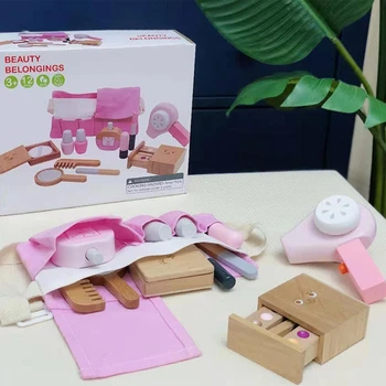 12Pcs Kit de Lemn Salon de Frumusețe Pretinde Machiaj Playset Jucărie Joc de Rol Cosmetice de Jucărie Simulare Accesorii de Frumusete pentru Copii