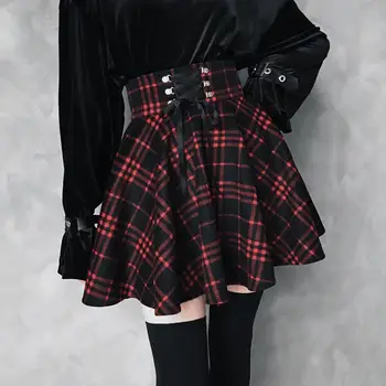 2020 Înaltă Talie Mini Gotic Fusta Dantela-Up Față-Linie Carouri Harajuku Dans Stil Coreean Sudoare Scurte Fuste Punk Clubwear