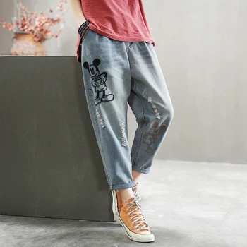 Nouă Primăvară Coreea Moda Femei Talie Elastic Liber Vintage Stripe Blugi Mozaic Broderie Denim Plus Dimensiune Pantaloni Harem S725