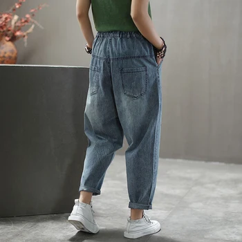 Nouă Primăvară Coreea Moda Femei Talie Elastic Liber Vintage Stripe Blugi Mozaic Broderie Denim Plus Dimensiune Pantaloni Harem S725