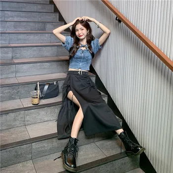 Două Bucata Set Pentru Femei Estetice De Vară 2021 Neregulate Fuste+Crop Topuri Cu Fermoar Jean Tricouri Sexy Streetwear Seturi Stil Coreea