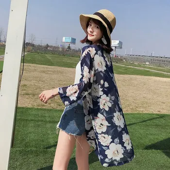 Vara Femei Bluza Kimono Mid-Lungime Sifon de Imprimare Begonia Soare, Îmbrăcăminte de Protecție Cardigan Bluze Beachwear