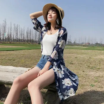 Vara Femei Bluza Kimono Mid-Lungime Sifon de Imprimare Begonia Soare, Îmbrăcăminte de Protecție Cardigan Bluze Beachwear