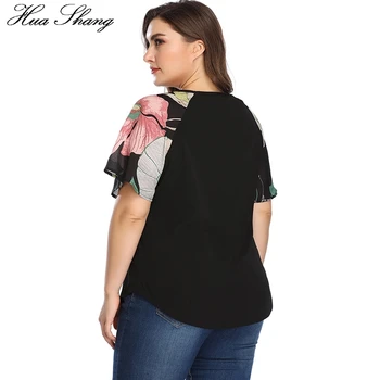 Plus Dimensiune Femei Topuri Si Bluze 2019 Moda O-Gat Imprimeu Floral Maneca Scurta Doamnelor Tunica Topuri Negru Elegant Blusas Femininas