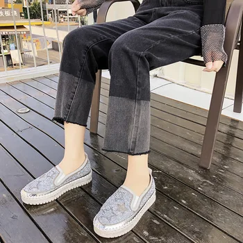 Lucyever 2020 Primăvară Aluneca pe Femeile Plat Pantofi Casual Platforma Rotund Toe Doamnelor Pantofi de Moda de Cristal de Designer, Femeie de Lux cu Barca