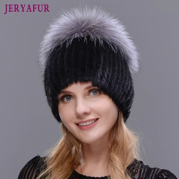 Fierbinte de Vânzare de Moda de Iarnă Caldă Femei Tricotat Capace de pălării Nurca Vertical de țesut cu Blană de VULPE Pe de Schi de Top capac