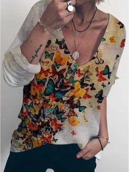 Harajuku Femeie Tricouri Femei Topuri de Imprimare de Moda Bumbac Poliester tricouri Casual V-neck Maneca Lunga Grafic Femei hipster Strada