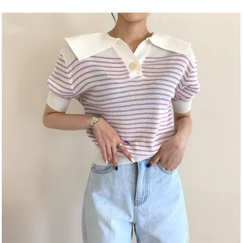 2020 Vara Toamna Tricotate cu Dungi Femei coreene Tricouri Bluze Maneca Scurta Guler Mare cu Un singur buton de Moda Casual Tees T-shirt