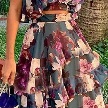 Două Seturi de Piese de Vara Maneca Culturilor Sus și Volane Stratificat Rochie Retro Floral Imprimat Femei Seturi Boho Maxi Cauzalitate Costume Violet