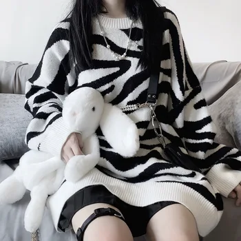 Rosetic Gotic Femeie Pulovere Supradimensionate Retro Dungi De Zebra Print Iarna Jumper Coreean Pulover Femei Pulover 2020 Timp Knitwwear