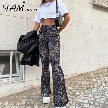 Dantelă Sus Leopard Animal Print y2k Flare Pantaloni cu dungi coreeană de Moda Negru de Talie Mare Largi de Cauzalitate Pantaloni de Trening Iamhotty
