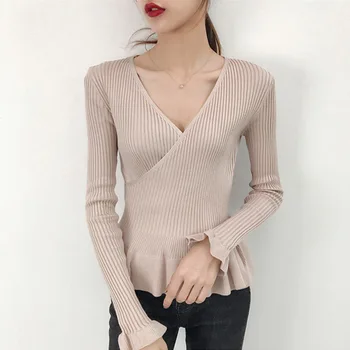 2018 Toamna Tricotate Femei Pulover Coreea Corn Maneca Sexy V-Neck Pulovere Mujer Topuri Femeile Slim Pulovere Trage Femme Monofazate Topuri