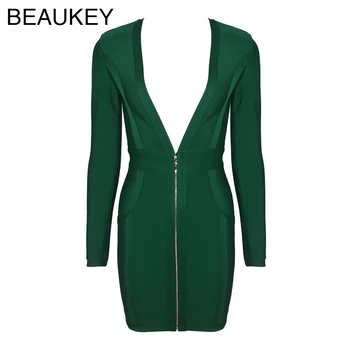 BEAUKEY Noua Moda 2018 Maneca Lunga cu Fermoar Frontală V Adânc Gât Mini Scurte Sexy Bandaj Rochie de Petrecere Roșu-Închis Verde Negru Clubwear