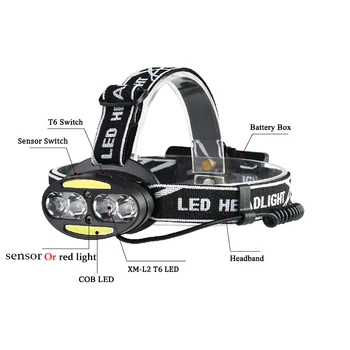 Cele mai multe LED-uri de putere Farului 4* XML - T6 +2* COB Faruri 8000 de Lumeni cap de lampă comutator senzor lumina Lanterna baterie 18650 pentru camping