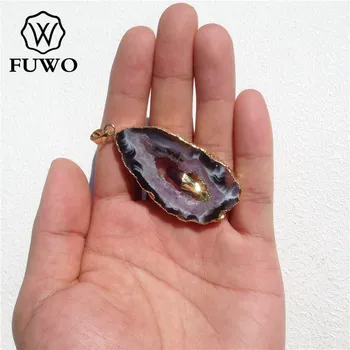 FUWO Naturale Geode Felie Pandantiv Aur de 24K prin Galvanizare Prime de Cristal Cu Fix Cuarț Violet Farmec Bijuterii en-Gros PD083