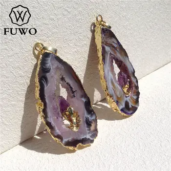 FUWO Naturale Geode Felie Pandantiv Aur de 24K prin Galvanizare Prime de Cristal Cu Fix Cuarț Violet Farmec Bijuterii en-Gros PD083