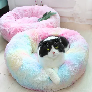 Somn adânc pat pisica animal de casă pisică canisa rundă de pluș lungă de iarnă cuib cald pad câine pat Teddy curcubeu de culori Cat Consumabile