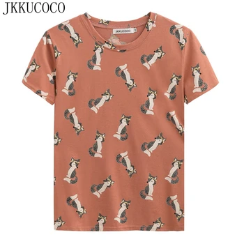 JKKUCOCO Cununa mic Vulpe Imprimare de calitate de Top de Bumbac t-shirt Femei Topuri cu Maneca Scurta tricou Casual pentru Femei Tricou Casual tricou