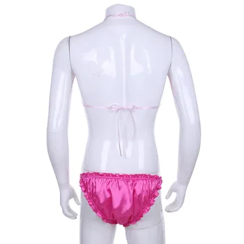 Gay Barbati Sissy Lenjerie Două Piese De Costume De Baie Bikini Strălucitoare Frilly Zburli Set Lenjerie Strappy Halter Bikini Top Sutien+Slip Pouch