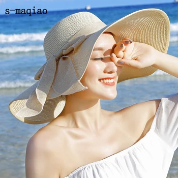 Vara Femei Pălării de Soare Cozoroc Pălărie Mare Refuz Clasic Bowknot Pliere Pălărie de Paie Casual în aer liber, Plajă Capac Pentru Femei de Pălărie de Protecție UV