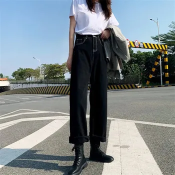 Negru plus size Wide-leg Blugi femei Streetwear Casual, Talie Mare Vrac direct harajuku pantaloni din Denim coreean toamna noua Moda