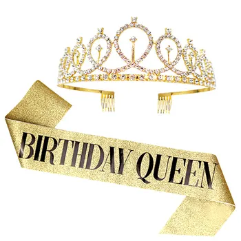 1Set a Crescut de Aur de Ziua Cercevea Cristal Tiara Coroana Reginei Panglica de Satin Pentru Ziua de naștere Partidul de Decorare Ziua de nastere Fericit Consumabile Partid