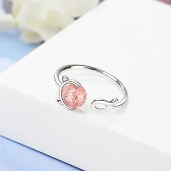 Argint 925 nou-veniți roz de Capsuni Cuarț pisica mica animal doamnelor inele bijuterii femei inel cadou