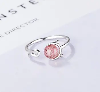 Argint 925 nou-veniți roz de Capsuni Cuarț pisica mica animal doamnelor inele bijuterii femei inel cadou