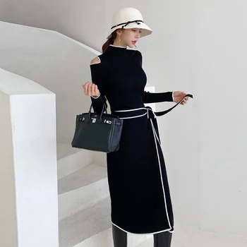 2020 Haine de Toamna Stil Nou de Înaltă guler Maneca Lunga Frenul Rochie Korean-style Moda Slim Fit lungime Medie-Rochie de tricotat