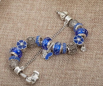 VIOVIA Europene Albastru Brățări Pentru Femei Lanț Argintiu Flori Bratari Șirag de mărgele & Brățări Bijuterii DIY Pulseras B16075