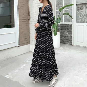 Coreeană De Moda Rochie De Femei De Vară 2020 V Neck Long Sleeve Polka Dot Imprimare Volane Rochie Plus Dimensiune Negru Maxi Rochii Lungi