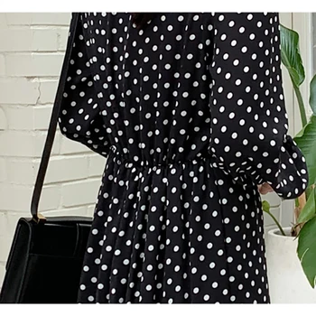 Coreeană De Moda Rochie De Femei De Vară 2020 V Neck Long Sleeve Polka Dot Imprimare Volane Rochie Plus Dimensiune Negru Maxi Rochii Lungi
