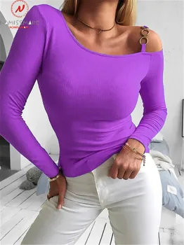 Sexy Femei Solide de Culoare T-Shirt pentru Femei Neregulate Guler Design de Lanț Decor Maneca Lunga Primavara Toamna Slim Pulovere Top